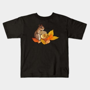 Squirrel drinking coffee, autumn scene Kids T-Shirt